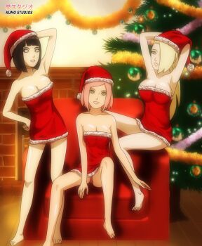 3girls armpits bare_shoulders barefoot black_hair blonde_hair boruto:_naruto_next_generations breasts christmas christmas_tree cleavage couch dress facial_mark green_eyes grey_eyes hair_over_one_eye haruno_sakura hat hyuuga_hinata ino_yamanaka kumostudios large_breasts long_hair mature_female medium_breasts multiple_girls naruto_(series) naruto_shippuuden panties pantyshot pink_hair santa_costume santa_hat short_hair sitting smile strapless underwear white_eyes