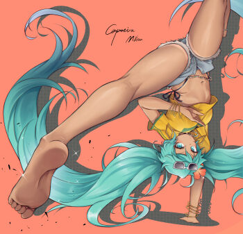 1girl absurdres aqua_eyes aqua_hair barefoot bikini black_bikini bracelet brazilian_flag brazilian_flag_print brazilian_miku capoeira character_name closed_mouth denim denim_shorts earrings eyewear_on_head flag_print flower hair_flower hair_ornament handstand hatsune_miku highres jersey jewelry long_hair looking_at_viewer lsf_(805661342) navel shadow shirt short_shorts shorts simple_background soles solo stomach sunglasses swimsuit tan tanline toes very_long_hair vocaloid yellow_shirt