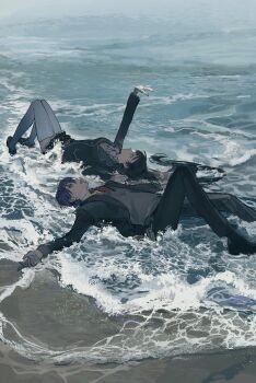 Rule 34 | 1boy, 1girl, absurdres, bandaged hand, bandages, beach, black hair, black jacket, black pants, bow, bowtie, hashtag-only commentary, highres, jacket, kenmochi touya, kenmochi touya (1st costume), long hair, looking up, lying, nijisanji, notfound, ocean, on back, open clothes, open jacket, outdoors, outstretched arm, pants, purple hair, sand, school uniform, shore, short hair, thighhighs, tsukino mito, tsukino mito (1st costume), virtual youtuber, white thighhighs