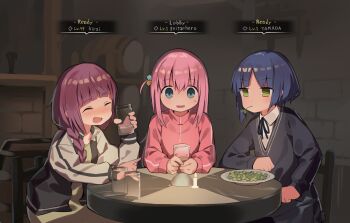 3girls asymmetrical_sidelocks barrel black_ribbon blue_eyes blue_hair blunt_bangs blush bocchi_the_rock! braid candle character_name cloneko_(zelmeledf2) closed_eyes collared_shirt commentary_request cube_hair_ornament cup dark_and_darker dress drunk elbow_on_table english_text fang gameplay_mechanics gotoh_hitori green_dress green_eyes hair_between_eyes hair_bobbles hair_ornament hair_over_shoulder high_collar hiroi_kikuri holding holding_cup indoors jacket letterman_jacket long_hair long_sleeves looking_at_another meme mouth_hold multicolored_hair_bobbles multiple_girls neck_ribbon nervous_smile one_side_up open_clothes open_jacket open_mouth parody parted_bangs pink_hair pink_jacket pointing pointing_at_another purple_hair ribbon romaji_text school_uniform shimokitazawa_high_school_uniform shirt short_hair sidelocks sitting skin_fang smile stalk_in_mouth sweatdrop table tavern track_jacket upper_body white_shirt yamada_ryo zipper