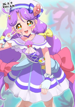 Rule 34 | 1girl, amaha kurumi, birthday, blue bow, blue eyes, bow, brooch, brown eyes, capelet, choker, commentary request, cure coral, dress, earrings, facial mark, fingernails, grin, hair between eyes, hair bow, happy birthday, hat, hat bow, heart, heart facial mark, jewelry, long hair, looking at viewer, low twintails, magical girl, multicolored eyes, nail polish, precure, purple capelet, purple choker, purple dress, purple hair, sailor hat, shell brooch, smile, solo, suzumura sango, tropical-rouge! precure, twintails, v, very long hair, white hat, yellow bow