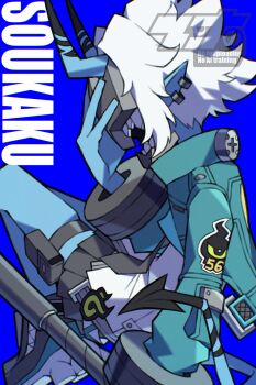 1girl aqua_jacket black_necktie blue_background blue_horns blue_oni blue_skin blue_tail character_name colored_skin cuffs earrings hair_between_horns hand_on_mask highres holding holding_weapon horns jacket jewelry mask multicolored_horns necktie oni screw shirt skin-covered_horns solo soukaku_(zenless_zone_zero) thigh_strap two-tone_horns two-tone_tail weapon white_hair white_shirt zenless_zone_zero zito_(zito222)