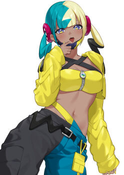 1girl absurdres aqua_hair aqua_pants bandeau belt black_belt black_hair black_mask black_pants blonde_hair breasts canari_(pokemon) commentary dark-skinned_female dark_skin hibiwa highres jacket long_sleeves looking_at_viewer mask_pull medium_breasts midriff multicolored_hair navel nintendo open_mouth pants pokemon pokemon_legends:_z-a purple_eyes short_hair simple_background solo tongue tongue_out twintails two-tone_mask two-tone_pants white_background yellow_bandeau yellow_jacket yellow_mask
