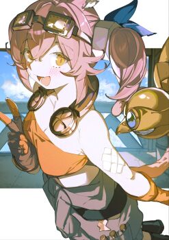 1girl animal_ears armpit_crease bandaid bandaid_on_arm bare_shoulders blush breasts brown_pants cat_ears cat_girl cat_tail cleavage collarbone duel_monster gloves goggles goggles_on_head hair_between_eyes hair_ornament highres kitt_(yu-gi-oh!) looking_at_viewer mechanical_gloves medium_breasts non-humanoid_robot open_mouth orange_eyes pants pink_hair robot robot_animal sen-jou shirt smile strapless strapless_shirt tail tri-brigade_kitt tri-brigade_mercourier v yu-gi-oh!