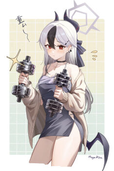 1girl absurdres black_choker black_dress black_hair black_horns blue_archive breasts choker cleavage commentary_request demon_horns double_dumbbell_pose_(han-0v0) dress dumbbell flying_sweatdrops grey_halo hair_between_eyes halo highres holding holding_dumbbell horns kayoko_(blue_archive) kayoko_(dress)_(blue_archive) long_hair looking_at_viewer mogurine official_alternate_costume red_eyes solo translation_request