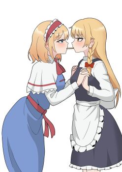2girls alice_margatroid apron ascot back_bow black_skirt black_vest blonde_hair blue_dress blue_eyes blush bow braid breasts capelet commentary_request dress eye_contact food food_in_mouth frilled_apron frilled_hairband frilled_skirt frills hair_bow hairband highres holding_hands interlocked_fingers kirisame_marisa kiyo_(tomoki6107) lolita_hairband long_hair long_sleeves looking_at_another multiple_girls no_headwear pocky pocky_day pocky_in_mouth pocky_kiss red_ascot red_bow red_hairband shared_food side_braid simple_background single_braid skirt touhou vest waist_apron white_apron white_background white_bow white_capelet yellow_eyes yuri