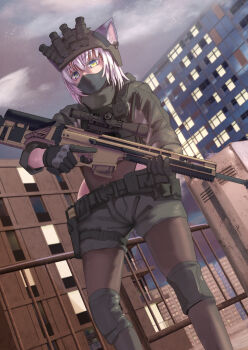1boy animal_ears ao_homura belt black_pantyhose building cat_ears city combat_helmet commentary commission crossdressing crossdressing_(mtf) crossed_bangs gloves green_eyes gun helmet highres holding holding_gun holding_weapon holster locker military military_uniform night_vision_device original pantyhose pink_hair rifle scope see-through_clothes see-through_pantyhose short_shorts shorts sniper_rifle solo trap weapon