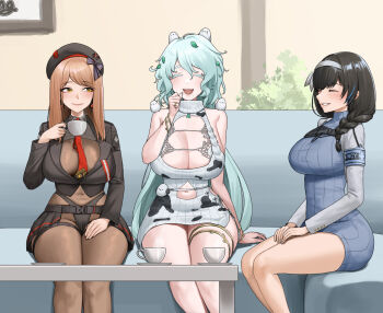 3girls animal animal_on_head armband beret bird bird_on_head black_hair black_jacket blue_armband blush bodystocking braid braided_ponytail breasts brown_bodystocking brown_hair cleavage closed_eyes clothing_cutout colored_eyelashes couch cup dress emma_(nikke) emma_(tactical_upgrade)_(nikke) gloves goddess_of_victory:_nikke hair_ornament hair_over_shoulder hairband hat highres huge_breasts indoors jacket large_breasts leaf leaf_on_head long-tailed_tit long_hair long_sleeves mary_(nikke) mole mole_under_mouth multiple_girls necktie noorung official_alternate_costume on_couch on_head open-chest_sweater open_mouth oversized_hat print_sweater ribbed_sweater saucer see-through_bodystocking see-through_cleavage see-through_clothes sitting sleeveless sleeveless_sweater slit_pupils smile sweater sweater_dress teacup tit_(bird) trina_(nikke) turtleneck virgin_killer_sweater white_eyelashes white_hair white_hairband white_sweater yellow_eyes