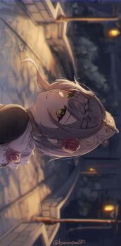 1girl absurdres blunt_bangs blush braid bridge flower genshin_impact green_eyes grey_hair hair_flower hair_ornament highres kyanonpan50 looking_at_viewer looking_back maid_headdress noelle_(genshin_impact) outdoors red_flower red_rose rose short_hair sideways smile solo twitter_username
