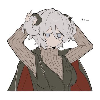 Rule 34 | 1girl, arms up, black coat, black scrunchie, black vest, blue eyes, breasts, coat, coat on shoulders, commentary request, faust (project moon), highres, limbus company, medium breasts, medium hair, patipatipati pa, project moon, red coat, scrunchie, simple background, solo, twintails, two-sided fabric, vest, white background, white hair