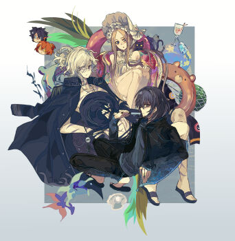 2girls 3boys :o abigail_williams_(fate) abigail_williams_(swimsuit_foreigner)_(fate) abigail_williams_(swimsuit_foreigner)_(third_ascension)_(fate) absurdres asymmetrical_hair ball bandaged_hand bandages beachball black_cat black_coat black_hat black_jacket black_male_swimwear black_sandals blonde_hair blue_eyes bonnet cat cigarette clam closed_mouth coat coat_on_shoulders cross_scar cup drawstring edmond_dantes_(fate) edmond_dantes_(monte_cristo_selection)_(fate) epaulettes eyes_visible_through_hair fate/grand_order fate_(series) food frown fujimaru_ritsuka_(female) fujimaru_ritsuka_(male) full_body glasses hand_on_own_knee hat highres holding holding_cigarette holding_food holding_popsicle holding_unworn_clothes holding_unworn_hat hood hood_down hooded_jacket innertube innertube_with_ears jacket jewelry knees_up long_hair long_sleeves looking_at_viewer male_swimwear melting_popsicle multiple_boys multiple_girls necklace oberon_(fate) oberon_(moody_summer_oberon)_(fate) oberon_(third_ascension)_(fate) open_clothes open_jacket ponytail popsicle round_eyewear sandals scar scar_on_arm scar_on_chest scar_on_neck scars_all_over shoe_dangle short_hair sitting swim_ring swim_trunks too_many topless_male unworn_hat unworn_headwear yinjian_chuzi
