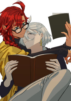 2girls absurdres alternate_hairstyle black_shirt blanket book braid closed_mouth commentary_request cuddling dark-skinned_female dark_skin earrings glasses green_eyes grey_eyes grey_pants gundam gundam_suisei_no_majo hand_on_another&#039;s_shoulder highres holding holding_book jewelry korean_commentary long_hair long_sleeves miorine_rembran multiple_girls pants red_hair shirt simple_background single_braid snapagi suletta_mercury turtleneck white_background white_hair yuri
