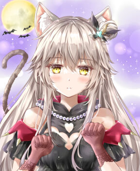 Rule 34 | 1girl, absurdres, animal ear fluff, animal ears, ayaro (genkiloobaii), bare shoulders, bat (animal), bat hair ornament, black dress, blush, brown hair, cat ears, cat tail, charlotta skopovskaya, clothing cutout, commentary request, dress, eyelashes, full body, gloves, hair between eyes, hair bun, hair ornament, hands up, heart cutout, heaven burns red, highres, kemonomimi mode, long hair, looking at viewer, moon, off-shoulder dress, off shoulder, parted lips, paw pose, purple background, red gloves, sidelocks, simple background, single side bun, sleeveless, sleeveless dress, solo, sparkle, tail, tail raised, upper body, very long hair, yellow eyes, yellow moon