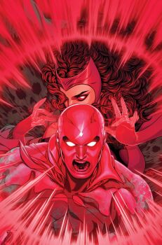 Rule 34 | 1boy, 1girl, avengers (series), bald, bright pupils, brown hair, cape, colored sclera, comic cover, commentary, couple, curly hair, english commentary, floating hair, glowing, glowing eyes, grey background, hair over one eye, hetero, highres, jewelry, long hair, looking at viewer, looking to the side, magic, marvel, muscular, muscular male, no pupils, official art, open mouth, red sclera, red theme, ring, russell dauterman, scarlet witch, skull, superhero costume, teeth, upper body, vision (marvel), wanda maximoff, white pupils