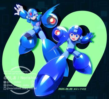 Rule 34 | 2boys, arm cannon, armor, blue armor, blue eyes, blue helmet, border, carrying, dated, forehead jewel, full body, helmet, highres, in-franchise crossover, mega man (character), mega man (classic), mega man (series), mega man day, mega man x (series), multiple boys, no-rishio, number pun, orange background, simple background, watermark, weapon, white border, x (mega man)