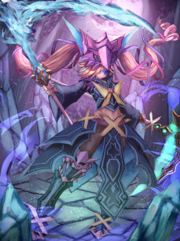 1girl absurdres black_boots black_jacket black_pantyhose black_skirt boots brown_hair closed_mouth eldora_(wixoss) haikei_(le_gris_no9) hair_over_one_eye highres holding holding_sack jacket long_hair looking_at_viewer pantyhose sack skirt smile solo twintails very_long_hair wixoss