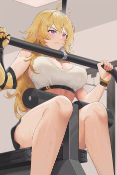1girl ahoge bare_legs black_shorts blonde_hair blush breasts cleavage closed_mouth exercise_machine exercising feet_out_of_frame gauntlets highres indoors large_breasts long_hair prosthesis prosthetic_arm purple_eyes rwby short_shorts shorts single_gauntlet sitting solo sports_bra sweat training v-shaped_eyebrows very_long_hair wangxiii white_sports_bra wristband yang_xiao_long