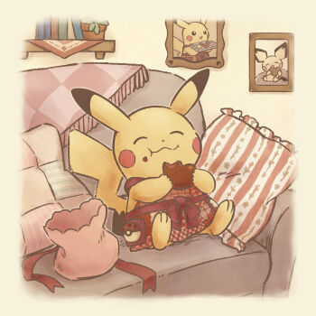 Rule 34 | animal ears, apron, baking sheet, blanket, book, bookshelf, candy, chocolate, chocolate heart, couch, eating, food, food in mouth, food on face, gen 1 pokemon, gen 2 pokemon, heart, heart-shaped food, highres, nintendo, no humans, official art, on couch, photo (object), pichu, picture frame, pikachu, pillow, plant, poke ball, pokemon, pokemon (creature), potted plant, quilt, red apron, sack, shelf, sitting, tail, valentine, yellow background, yellow fur, yellow theme
