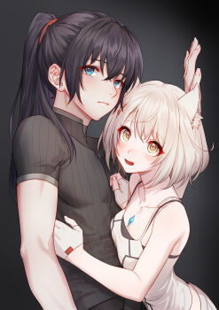 1boy 1girl absurdres animal_ear_fluff animal_ears black_hair black_shirt blue_eyes blush cat_ears cat_girl chinese_commentary collarbone commentary_request cyacyacyacyaki eyelashes fingerless_gloves gloves high_ponytail highres mio_(xenoblade) noah_(xenoblade) open_mouth ponytail shirt teeth upper_teeth_only white_gloves white_hair xenoblade_chronicles_(series) xenoblade_chronicles_3 yellow_eyes