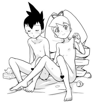 1boy 1girl bad_id blush bow censored closed_eyes completely_nude condom drill_hair flat_chest geo_stelar_(mega_man) hair_bow heart heart_censor heriyama kodomo_doushi loli long_hair looking_at_viewer luna_platz_(mega_man) mega_man_(series) mega_man_star_force_(series) nipples nude shota smile tissue_box twin_drills used_condom used_tissue very_long_hair