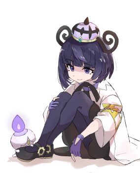 1girl absurdres black_dress black_shoes blunt_bangs bob_cut closed_mouth coat commentary_request dress eyelashes full_body gen_5_pokemon gloves gwynn_(pokemon) hat highres litwick long_sleeves looking_at_another mega_stone nintendo open_clothes open_coat pantyhose partially_fingerless_gloves pokemon pokemon_(creature) pokemon_legends:_z-a pokeseru purple_gloves purple_pantyhose shoes sitting smile white_background wide_sleeves