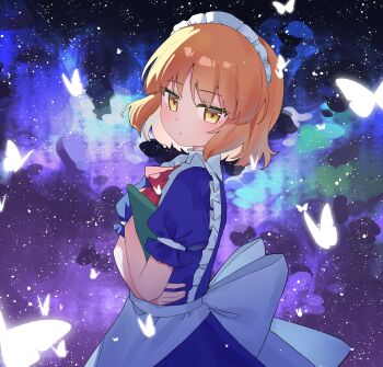 1girl absurdres apron back_bow blonde_hair blue_dress bow bowtie bug butterfly commentary_request dress expressionless from_side galaxy highres holding holding_tray insect kh_jing_shui_tong looking_at_viewer maid maid_apron maid_headdress mugetsu_(touhou) puffy_short_sleeves puffy_sleeves red_bow red_bowtie short_hair short_sleeves solo touhou touhou_(pc-98) tray upper_body white_apron white_bow white_butterfly yellow_eyes