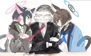 Rule 34 | 1boy, 2girls, ^ ^, afterimage, animal ears, black choker, black hoodie, black jacket, black sailor collar, blue archive, blue neckerchief, bob cut, brown hair, cat ears, cat girl, cat tail, choker, closed eyes, closed mouth, clothes grab, collared shirt, commentary request, crossed arms, doodle sensei (blue archive), eyeliner, formal clothes, girl sandwich, green sailor collar, halo, haori, hood, hood down, hoodie, jacket, japanese clothes, kazusa (blue archive), kikyou (blue archive), konabetate, lapels, long sleeves, looking at another, makeup, motion lines, multiple girls, neckerchief, necktie, necktie grab, neckwear grab, oekaki, own hands together, parody, parted lips, pink eyes, red eyeliner, red necktie, ribbon choker, sailor collar, sandwiched, sensei (blue archive), shirt, short hair, simple background, smile, speed lines, suit, suit jacket, tail, the weaker sex 1 (gibson), upper body, white background, white shirt