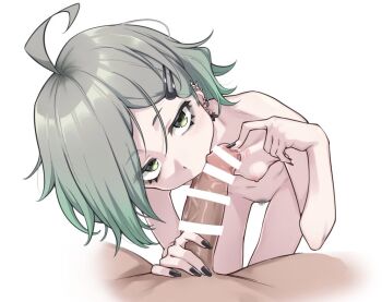 1boy 1girl ahoge bar_censor bent_over biting biting_penis black_nails breasts censored completely_nude ear_piercing erection expressionless fellatio female_pubic_hair fingernails green_eyes green_hair hair_between_eyes hair_ornament hairclip hetero long_fingernails looking_at_viewer nail_polish navel nude oral original penis penis_grab piercing pov precum pubic_hair pussy simple_background small_breasts solo_focus urethral_fingering urethral_insertion white_background yotubeya