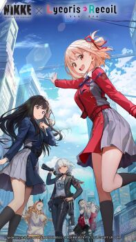 Rule 34 | 5girls, black hair, black jacket, black pants, black socks, blonde hair, blue eyes, blue shirt, blue skirt, blue sky, breasts, brown hair, city, closed eyes, closed mouth, cloud, cloudy sky, crossover, day, forehead, frima (nikke), goddess of victory: nikke, grey hair, grey skirt, hair ribbon, highres, hood, hoodie, inoue takina, jacket, kneehighs, kurumi (lycoris recoil), large breasts, long sleeves, looking at another, looking at viewer, lycoris recoil, medium hair, multiple girls, nishikigi chisato, official art, open clothes, open jacket, open mouth, orange eyes, outdoors, pants, purple eyes, red eyes, red jacket, red ribbon, red shirt, red skirt, ribbon, shirt, skirt, sky, sleeves past fingers, sleeves past wrists, smile, socks, standing, standing on one leg, sugar (nikke), white hair, white hoodie, white shirt, window