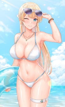 1girl absurdres aqua_eyes bikini blonde_hair blue_nails breasts cleavage day earrings eyewear_on_head highres holding holding_swim_ring innertube jewelry large_breasts long_hair looking_at_viewer navel necklace ocean one_eye_closed original pendant see-through_clothes smile solo standing sunglasses swim_ring swimsuit thigh_strap uki_(kiw_kiu) wet wet_clothes white_bikini