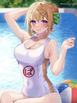 1girl ball beachball braid braided_bangs braided_bun breasts cleavage clothes_writing commentary_request commission cosplay covered_navel hair_bun hair_ribbon highres kantai_collection kozu_(bloomme1_me) large_breasts maru-yu_(kancolle) maru-yu_(kancolle)_(cosplay) one-piece_swimsuit perth_(kancolle) pool ribbon school_swimsuit short_hair skeb_commission smile solo swimsuit watermark white_one-piece_swimsuit