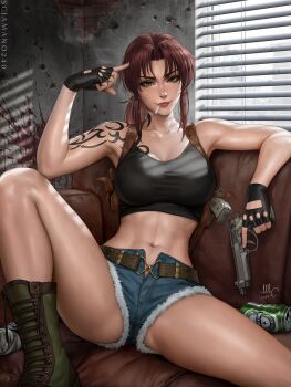 1girl 2024 abs arm_tattoo artist_name bare_shoulders beer_can belt beretta_92 black_gloves black_lagoon black_shirt blood blood_splatter blue_shorts boots breasts brown_belt brown_eyes brown_hair bullet_hole can cigarette closed_mouth combat_boots commentary couch crop_top cutoffs denim denim_shorts drink_can english_commentary finger_to_head fingerless_gloves foot_out_of_frame gloves green_boots gun hand_up handgun highres holding holding_gun holding_weapon holster index_finger_raised indoors knee_up large_breasts light_smile long_hair looking_at_viewer midriff mouth_hold navel on_couch revy_(black_lagoon) sciamano240 shirt short_shorts shorts shoulder_holster signature sitting smoke smoking solo spread_legs tattoo toned toned_female trigger_discipline v-shaped_eyebrows weapon window window_blinds