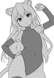 Rule 34 | 1girl, :3, aisaka taiga, animal ear fluff, animal ears, blush, clenched hand, closed mouth, commentary, covered navel, cowboy shot, elbow gloves, english commentary, gloves, greyscale, hair between eyes, hand on own hip, hand up, highres, leotard, long hair, looking at viewer, mikoscrub, monochrome, solo, tail, tiger ears, tiger tail, toradora!, unfinished