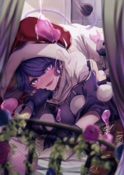 1girl black_gloves blob blue_eyes blue_hair blurry blurry_foreground blush breasts bright_pupils commentary_request curtains doremy_sweet dream_soul dress flower gloves hand_on_own_chin hat head_tilt heart heart-shaped_pupils indoors ishikawa_sparerib large_breasts looking_at_viewer lying nightcap on_bed on_stomach open_mouth polka_dot pom_pom_(clothes) poncho red_hat short_hair solo symbol-shaped_pupils tail tapir_tail touhou turtleneck white_dress white_pupils window