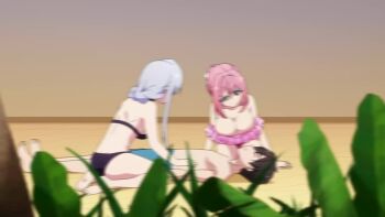 Rule 34 | 1boy, 2girls, aijou rentarou, animated, bikini, bouncing breasts, breasts, cleavage, collarbone, eiai nano, green eyes, hanazono hakari, kimi no koto ga dai dai dai dai daisuki na 100-nin no kanojo, multiple girls, pink hair, swimsuit, tagme, video