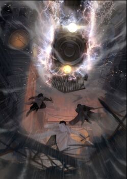 3boys alley black_coat black_hair blackbox_(blackbox9158) building cheok_jungyeong city clock clock_tower coat from_below full_body highres holding holding_sword holding_weapon jumping kim_dokja light_particles lightning male_focus motion_lines multiple_boys official_art omniscient_reader&#039;s_viewpoint open_clothes open_coat power_lines short_hair sword third-party_source tower train utility_pole weapon white_coat yoo_joonghyuk