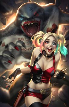 1boy 1girl black_bustier black_gloves black_shorts blonde_hair blue_eyes blue_streaks body_writing bustier dc_comics ejikure english_text fingerless_gloves furry furry_male gloves harley_quinn harley_quinn_(2016_outfit) highres king_shark_(dc) laughing looking_at_viewer micro_shorts midriff multicolored_hair navel paintbrush pink_streaks red_bustier red_shorts shark_boy sharp_teeth short_twintails shorts signature streaked_hair teeth tic-tac-toe tongue tongue_out twintails two-tone_bustier two-tone_shorts