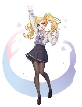 1girl :d arm_up black_shoes black_skirt blonde_hair bow bowtie brown_pantyhose commentary emily_stewart full_body highres idolmaster idolmaster_million_live! index_fingers_raised knees_together_feet_apart legs loafers long_hair long_sleeves looking_at_viewer open_mouth pantyhose pleated_skirt purple_bow purple_bowtie purple_eyes ransol sailor_collar sailor_shirt shirt shoes skirt smile solo standing symbol-only_commentary triangle_mouth twintails white_background white_sailor_collar white_shirt