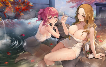 2girls absurdres arm_support autumn autumn_leaves bottle breasts brown_eyes brown_hair bucket choko_(cup) cleavage cup feet_out_of_frame forehead hair_bun hand_up head_on_hand highres holding holding_cup huge_breasts large_breasts leaf leaf_on_liquid leaning_forward leaning_to_the_side long_hair looking_at_viewer looking_to_the_side lower_teeth_only multiple_girls naked_towel onsen open_mouth open_overalls original parted_bangs partially_submerged pink_hair ponytail purple_eyes ripples rock sake_bottle sidelocks sideways_glance sitting smile soaking_feet ssong990 swept_bangs teeth towel tree water wavy_hair wet wooden_bucket wooden_floor yokozuwari