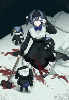 1girl bed bed_sheet black_dress blood blood_on_clothes blue_bow blue_bowtie bow bowtie collar commentary_request dress eye_mask full_body genderswap genderswap_(mtf) hair_between_eyes hammer highres holding holding_hammer koyanagi_rou long_sleeves looking_to_the_side mask nagikiho nijisanji one_eye_closed pillow rubbing_eyes sitting slippers solo stuffed_animal stuffed_rabbit stuffed_toy virtual_youtuber white_collar yellow_eyes