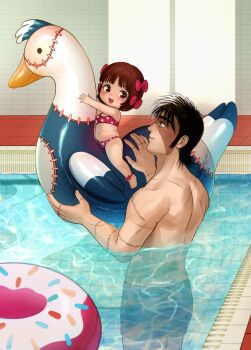 1boy 1girl bikini black_hair black_jack_(character) black_jack_(series) bow brown_hair child hair_bow highres inflatable_toy multicolored_hair nsfmeows patchwork_skin pinoko pool scar scar_on_face short_hair sideburns sitting smile stitched_face stitches swimsuit toddler two-tone_hair white_hair