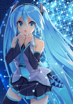 1girl aqua_eyes aqua_hair aqua_necktie aqua_trim armpit_crease bare_shoulders black_skirt black_sleeves blush breasts collarbone collared_shirt commentary_request detached_sleeves grey_shirt hair_between_eyes hair_ornament hatsune_miku headset highres long_hair long_sleeves looking_at_viewer medium_breasts miniskirt necktie open_mouth pleated_skirt shirt skirt sky sleeveless sleeveless_shirt solo star_(sky) starry_sky takepon1123 twintails very_long_hair vocaloid wide_sleeves