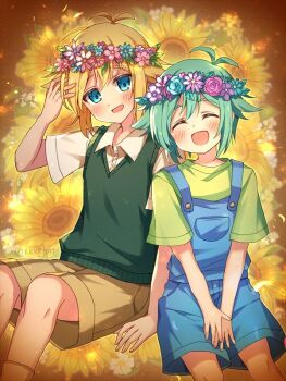 Rule 34 | 2boys, antenna hair, basil (faraway) (omori), basil (headspace) (omori), basil (omori), blonde hair, blue eyes, blue overalls, blush, brown shorts, closed eyes, collared shirt, commentary, double-parted bangs, dual persona, english commentary, flower, flower wreath, green hair, green shirt, green sweater vest, hair between eyes, hand up, head wreath, krkrhat, looking at viewer, male focus, multiple boys, omori, open mouth, overall shorts, overalls, shirt, short hair, short sleeves, shorts, sidelocks, smile, socks, sweater vest, t-shirt, white shirt, white socks