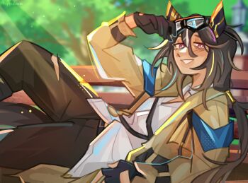 1girl absurdres animal_ears bench black_gloves black_pants brown_hair coat cost ear_covers fayyabonk gloves goggles goggles_on_head hair_between_eyes highres horse_ears horse_girl horse_tail long_hair looking_at_viewer lying multicolored_hair on_bench on_side open_clothes open_coat open_mouth outdoors pants ponytail purple_eyes shirt smile solo stay_gold_(umamusume) streaked_hair tail torn_clothes torn_pants tree umamusume white_hair white_shirt yellow_coat