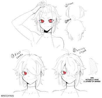 Rule 34 | 1girl, ahoge, arm up, armpits, asymmetrical eyes, blunt bangs, commentary, corset, deccatezu, earrings, english commentary, english text, greyscale, hair lift, highres, jewelry, monochrome, original, red eyes, reference sheet, saya (deccatezu), short hair, spot color, twitter username, wavy mouth, white background