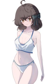 1girl absurdres arms_behind_back azur_lane blush bow braid breasts bristol_(azur_lane) brown_hair camisole commentary commission crop_top english_commentary entdaril green_bow hair_between_eyes hair_bow highres medium_breasts medium_hair pixiv_commission simple_background single_braid small_breasts smile solo standing thighs underwear underwear_only white_background white_camisole yellow_eyes