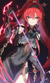 1girl absurdres bare_shoulders black_dress black_hairband black_shorts breasts bright_pupils circle_facial_mark commentary dress earrings flower_hairpin hair_between_eyes hairband high_ponytail highres holding holding_string jewelry long_hair looking_at_viewer mark_under_both_eyes medium_breasts parted_lips pointy_ears ponytail purple_eyes red_hair shorts single_earring solo string thomas_8000 very_long_hair white_pupils wuthering_waves yinlin_(wuthering_waves)