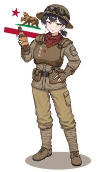 Rule 34 | 1girl, :d, armor, belt pouch, boots, bottle, breasts, brown hair, canteen, cocktiel77, fallout, fingerless gloves, full body, gloves, goggles, goggles on headwear, hat, highres, holding, holding bottle, long sleeves, military uniform, new california republic, new california republic flag, open mouth, pants, ponytail, pouch, simple background, smile, solo, sunset sarsaparilla, white background, yellow eyes
