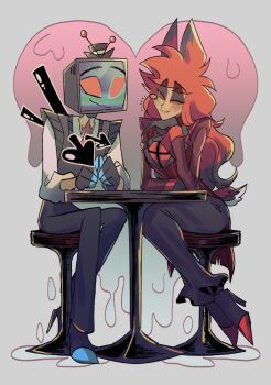 1boy 1girl alastor_(hazbin_hotel) black_hat black_pants blush brown_vest closed_mouth colored_sclera genderswap genderswap_(mtf) hat hazbin_hotel heart hellaverse highres jacket long_sleeves monocle oikisama_un pants red_eyes red_hair red_jacket red_sclera shirt smile teeth television top_hat vest vox_(hazbin_hotel) white_shirt