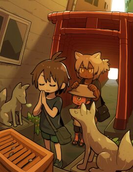 1girl 2boys alley animal_ears antenna_hair bag black_shoes blue_shorts brown_eyes brown_hair bucket_hat child closed_eyes colored_skin cyclops dark-skinned_female dark_skin fox_statue hat highres multiple_boys nose_bubble one-eyed original pointy_ears ponytail praying red_skin sandals shoes shorts shoulder_bag shrine sleeping standing statue sweatdrop takurada torii white_hair